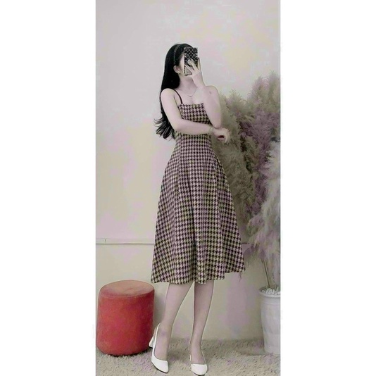 Đầm thời trang nữ mặc đi chơi chất for váy 2 dây maxi caro kèm khoác tay dài