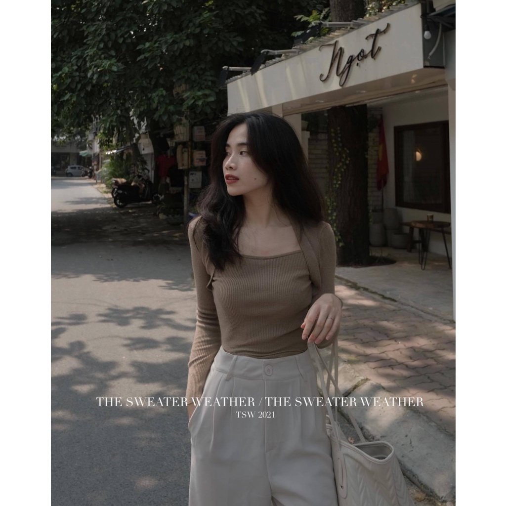 Áo len tăm ôm nữ FM Style body tay dài khoét cổ thời trang thu đông phong cách sexy hàn quốc