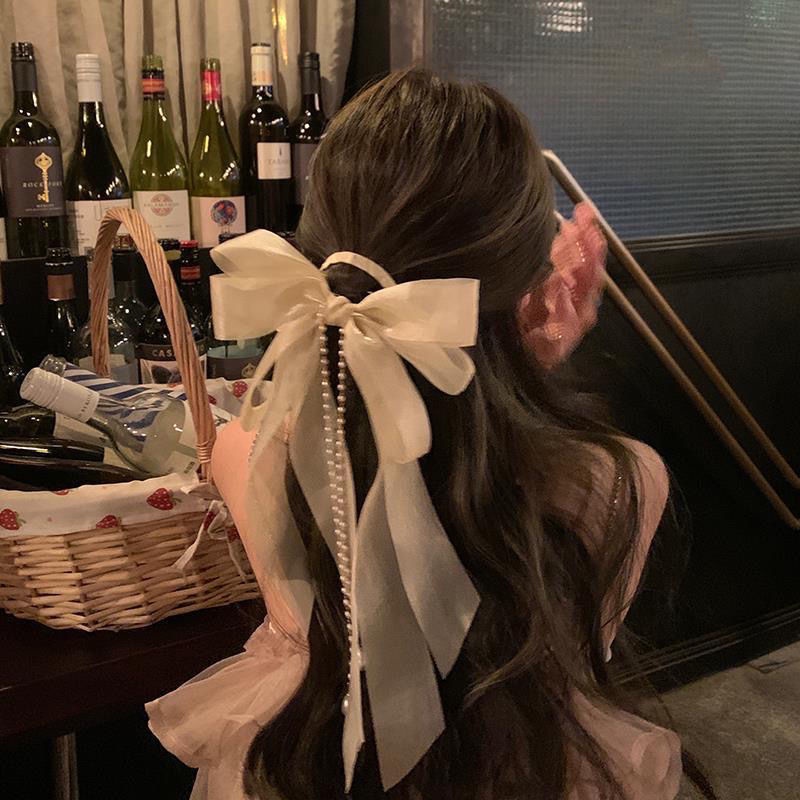 Kẹp Tóc Thắt Nơ Chất Liệu Lụa Đính Ngọc Trai Cao Cấp Phong Cách Mới Cho Nữ