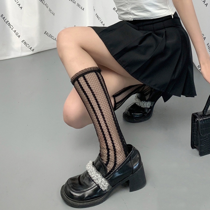 Xixi Tất Chân Phối Ren Mỏng Họa Tiết Kẻ Sọc Phong Cách Lolita Nhật Bản Cho Nữ