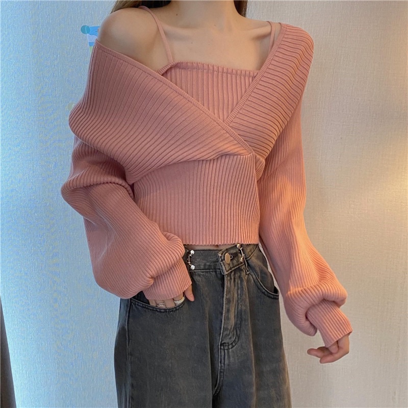 Áo len nữ dài tay bồng điệu cổ V hai dây