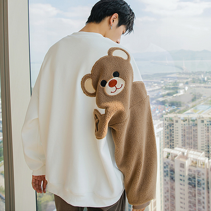 Áo Nỉ Lót Lông Cừu Dày Dáng Rộng In Hình Gấu Kiểu Đường Phố Thời Trang Mùa Đông Cho Các Cặp Đôi