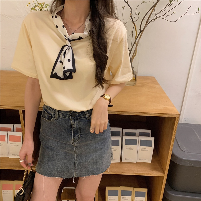 SUXI Áo thun tay ngắn phối khăn choàng lụa thời trang mùa hè dành cho nữ