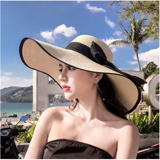 Mũ Cói, Nón Cói Vành Rộng, Đi Biển - Viền, Nơ Đen Sang Chảnh