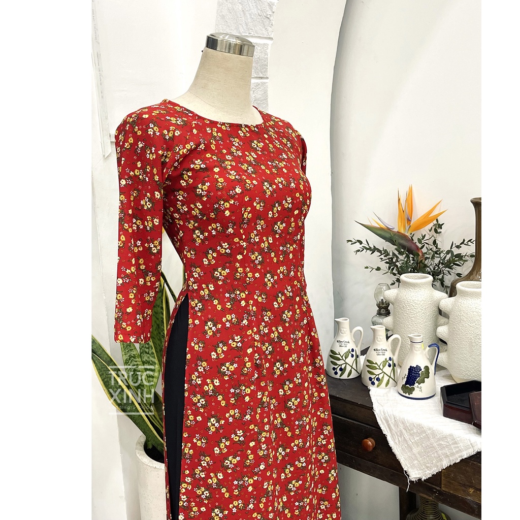 Áo dài đỏ hoa nhí - Áo dài đỏ đô in hoa đào