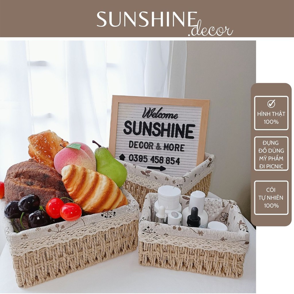 Giỏ Cói Đựng Đồ Lưu Trữ Trang Trí Đi Picnic Hình Chữ Nhật Có Lót Vải Phong Cách Vintage-Sunshine.decor