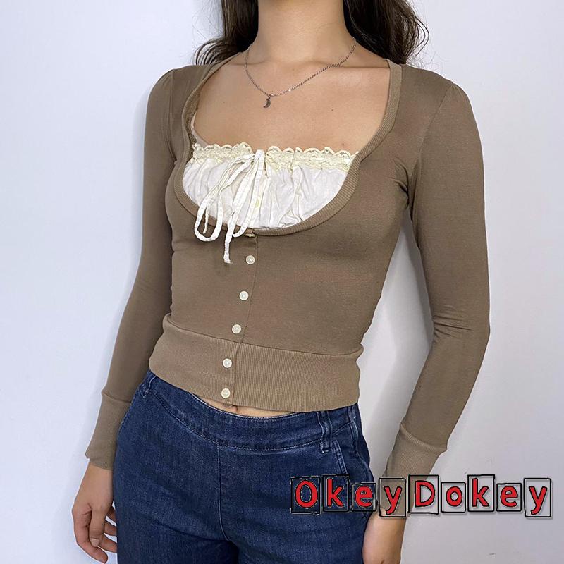 Áo thun tay dài dáng ôm phối dây buộc phía trước cho nữ