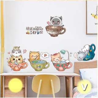 Decal dán tường Mèo con trong ly sứ xinh xắn