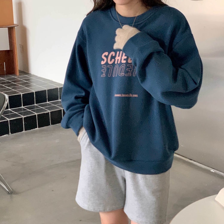 Áo nỉ cổ tròn dáng rộng in chữ mới phong cách Hàn Quốc dễ phối đồ cho nam và nữ