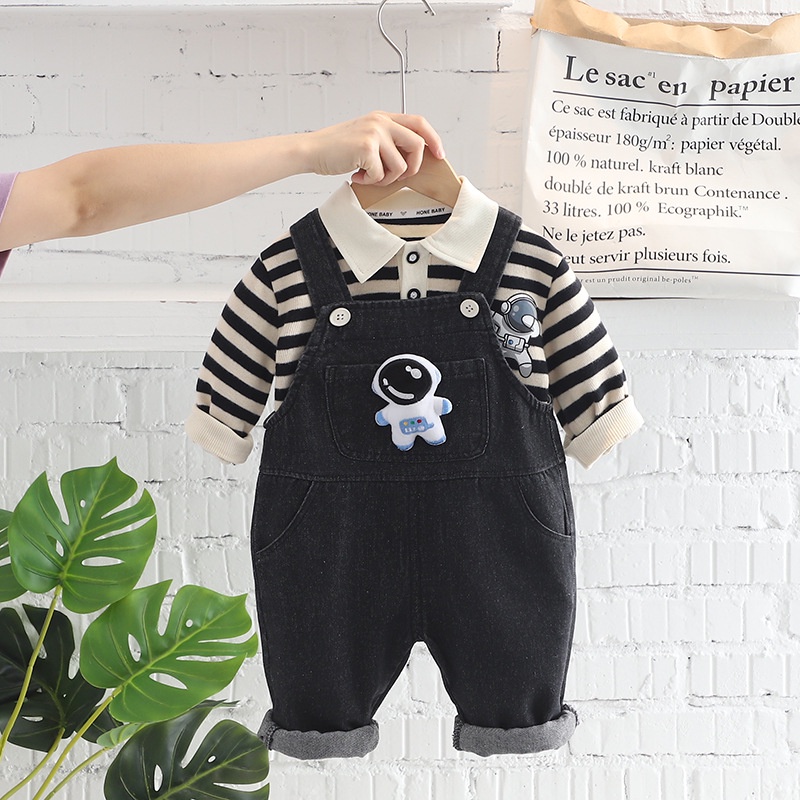 Bộ Đồ Denim 2 Món Áo Thun Tay Dài In Hoạt Hình Phi Hành Gia Phối Quần Yếm Thời Trang Cho Bé Trai