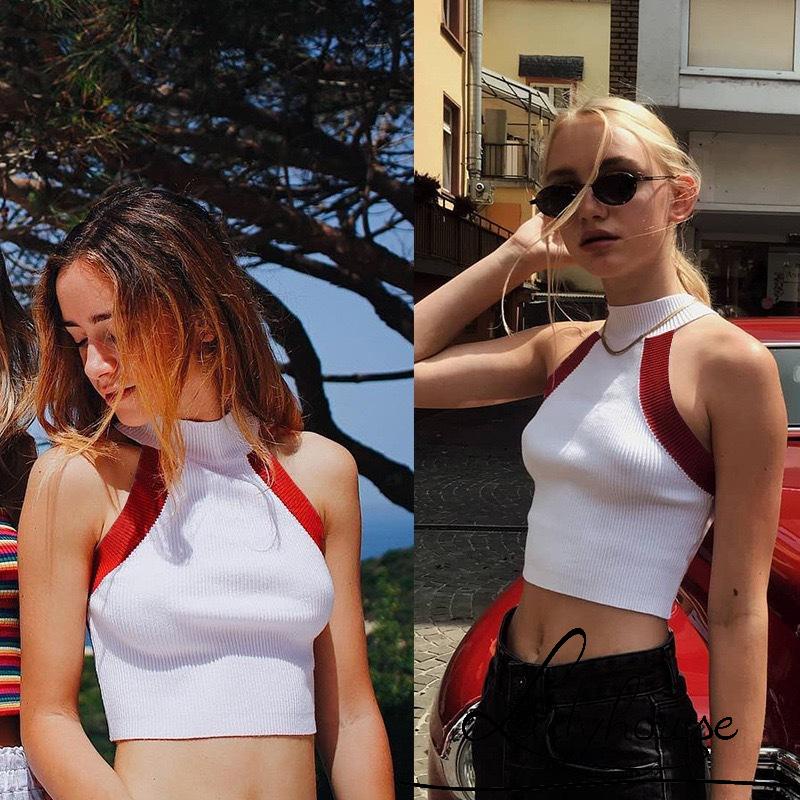 Áo Croptop Dệt Kim Cổ Tròn Màu Sắc Cầu Vồng Thời Trang Mùa Hè Cho Nữ