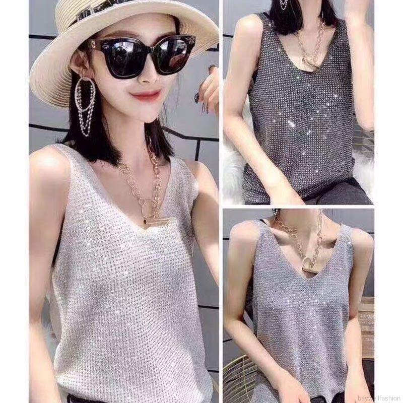 [Baywellfashion]Áo dệt kim đính kim sa lấp lánh thiết kế màu trơn thanh lịch