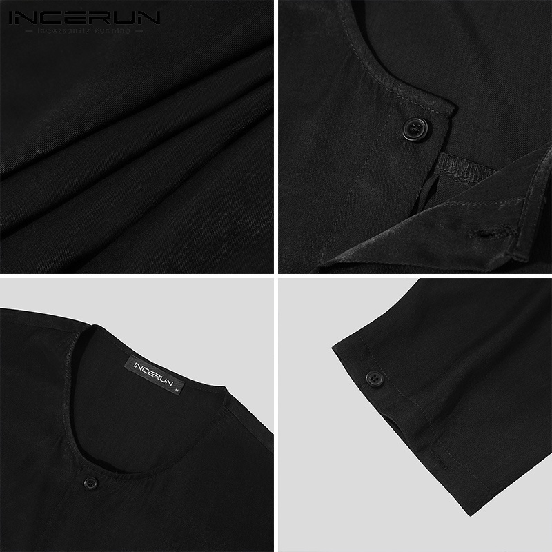 Áo INCERUN dài tay màu trơn có hàng nút mỏng dáng rộng phong cách đơn giản cho nam