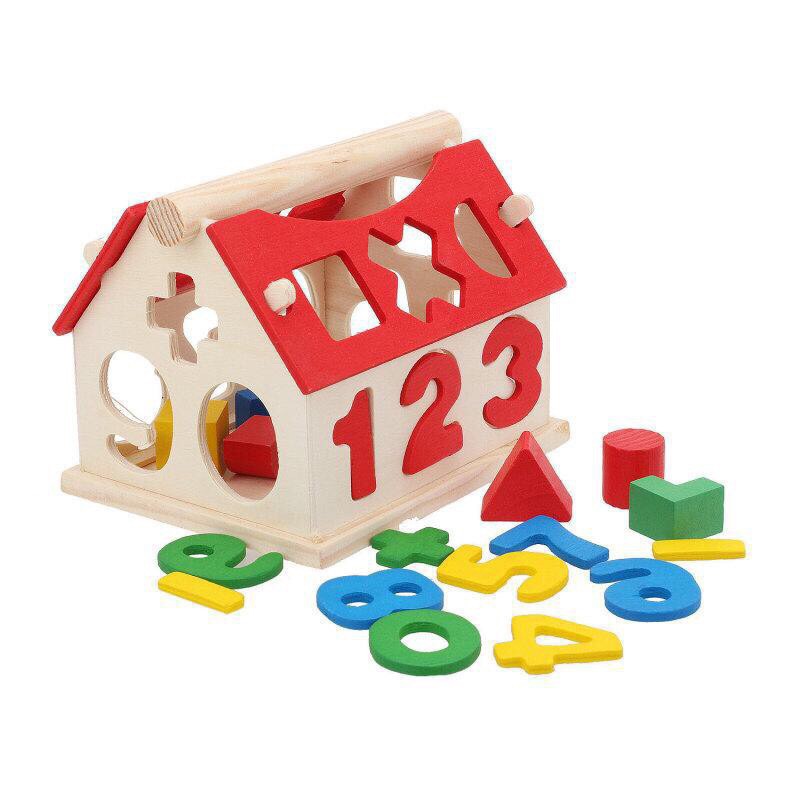 Nhà thả hình khối, số giúp bé tư duy phân biệt hình dạng màu sắc - Đồ chơi gỗ Montessori - Baby Toys- dochoigo012