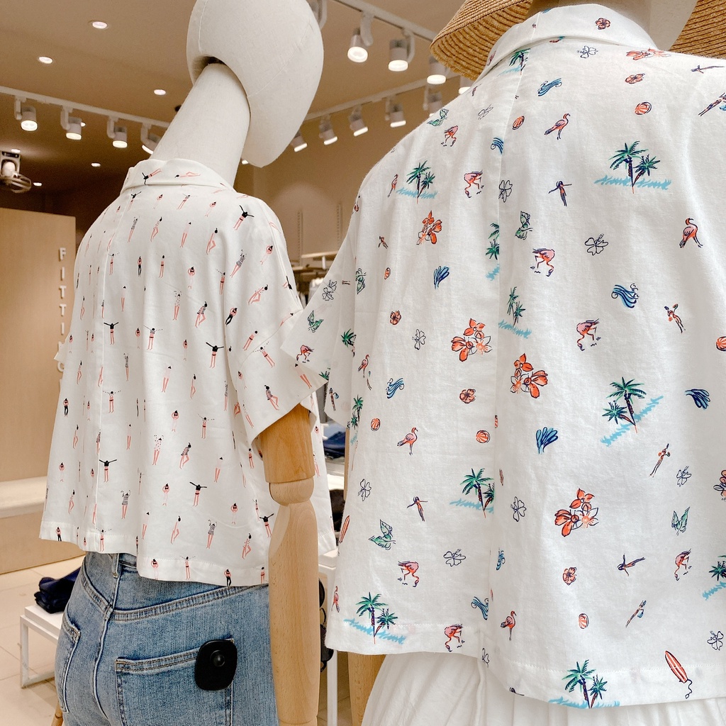 Áo sơmi dáng croptop cổ bẻ vải in họa tiết MIEU - HO11
