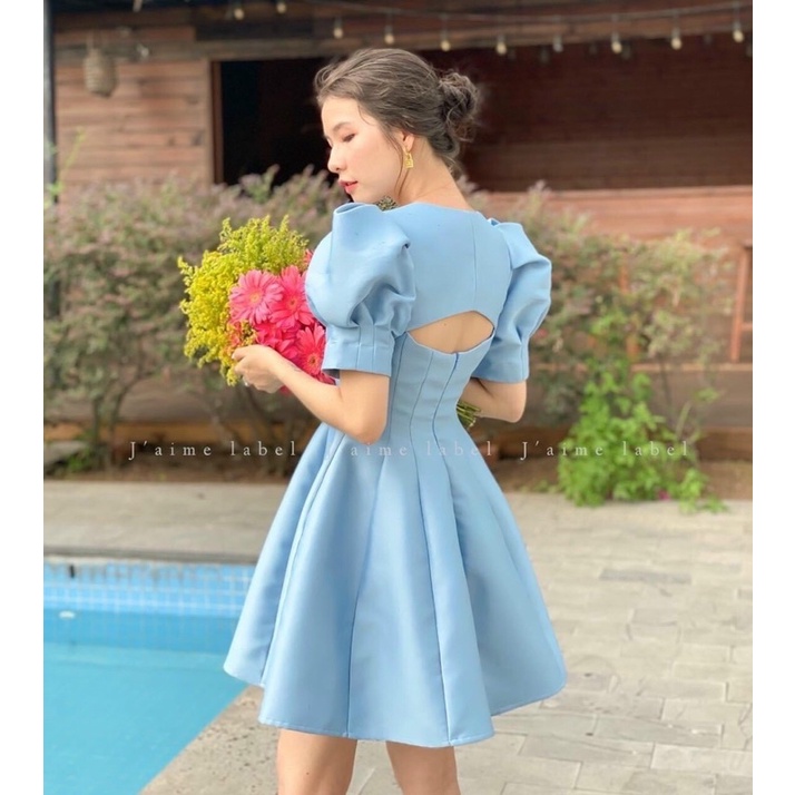 Đầm tafta tay bồng/phồng nút bọc khoét cut lưng, váy ngắn xoè xanh biển sang trọng quý phái, thời trang đi chơi dự tiệc