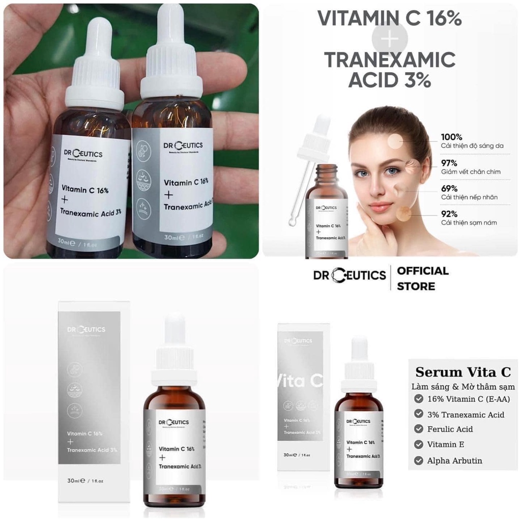 Serum DrCeutics Vitamin C 16% + Tranexamic Acid 3% 30ml giúp dưỡng trắng, mờ thâm sạm Thương