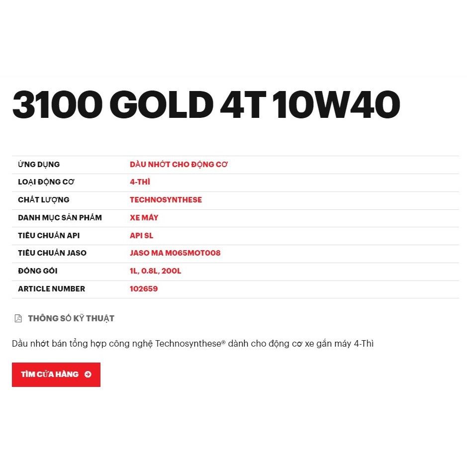 Nhớt xe số MOTUL 3100 GOLD 4T 10W40 SL MA2 800ml chính hãng