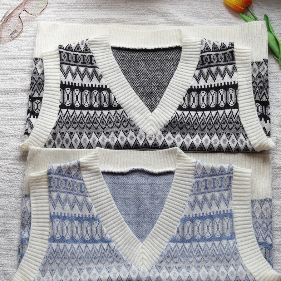 Áo gile len nữ , áo len không tay cổ chữ V họa tiết thổ cẩm phong cách Hàn Quốc đẹp | BigBuy360 - bigbuy360.vn