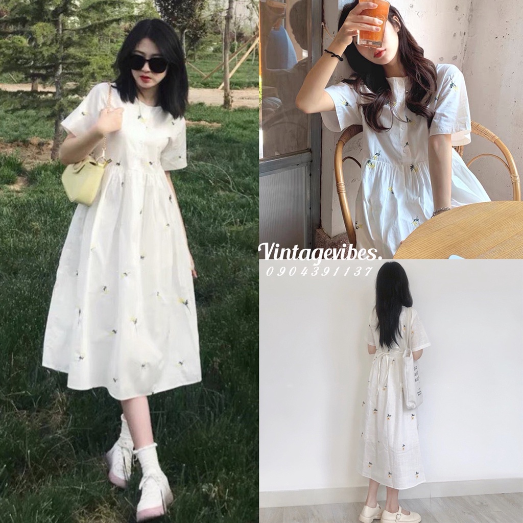 Váy babydoll tiểu thư cộc tay thêu hoa cúc Ulzzang (hàng QC) - Ảnh thật