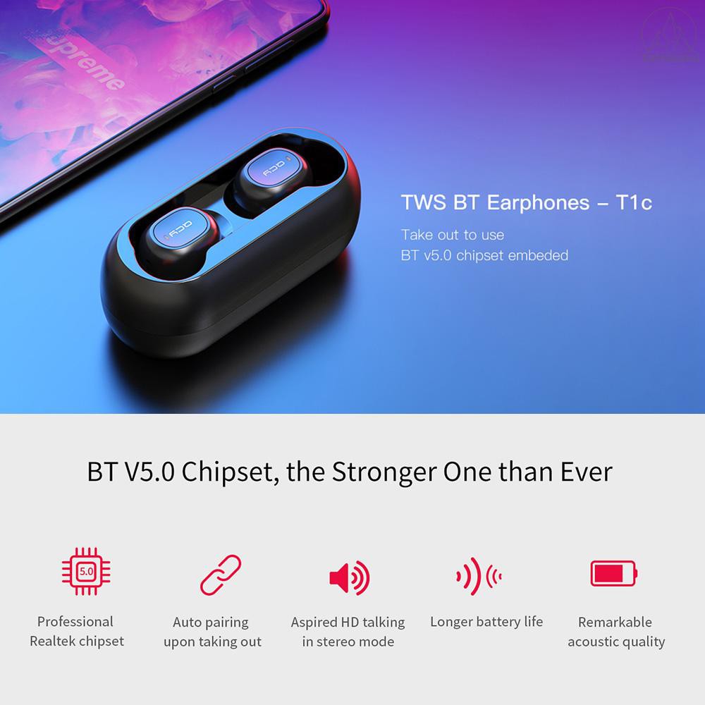 Tai nghe nhét tai không dây âm thanh 3D sống động kết nối Bluetooth 5.0 với 2 mic chất lượng cao Xiaomi QCY T1 T1C