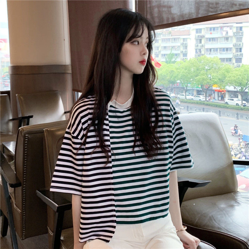 Áo thun tay ngắn họa tiết kẻ sọc dễ thương phong cách Hàn Quốc thời trang cho nữ 290