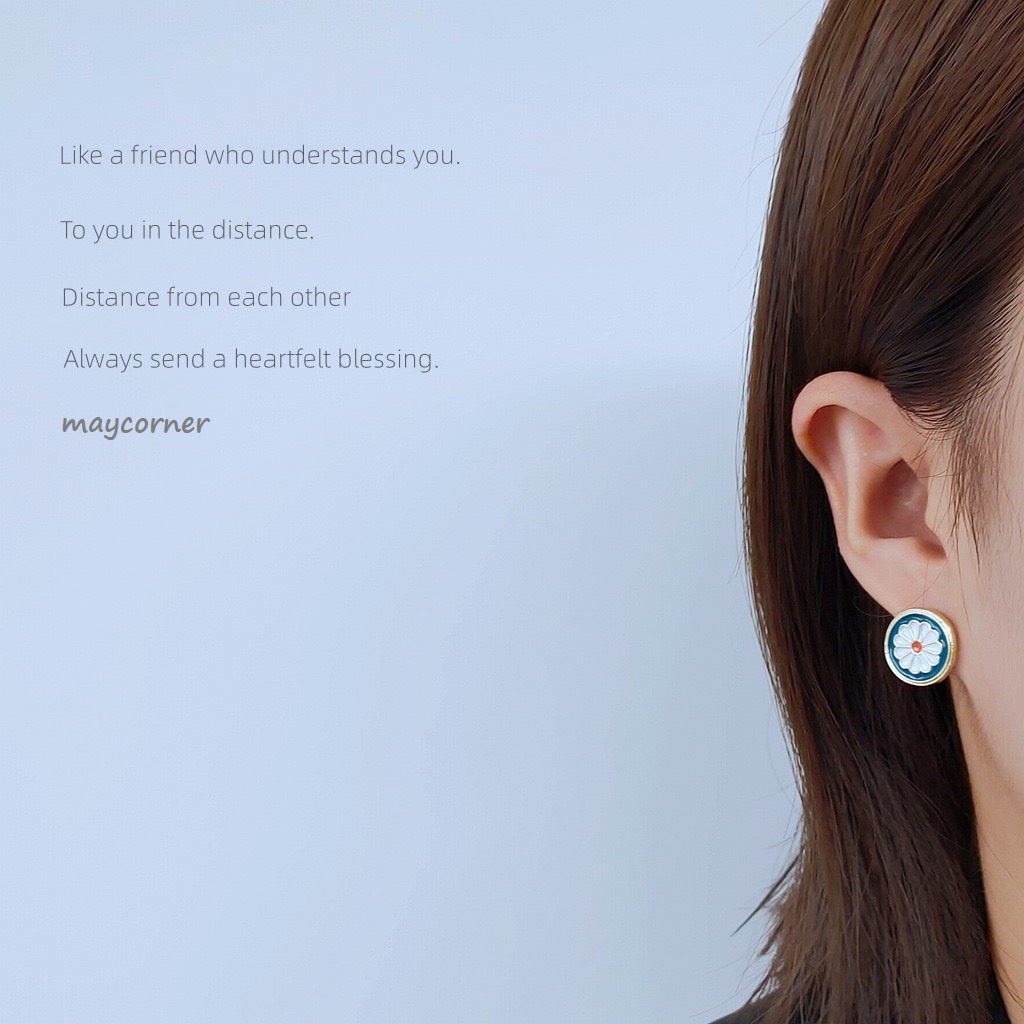 Khuyên tai petro xanh hoa cúc mạ bạc 925 cao cấp