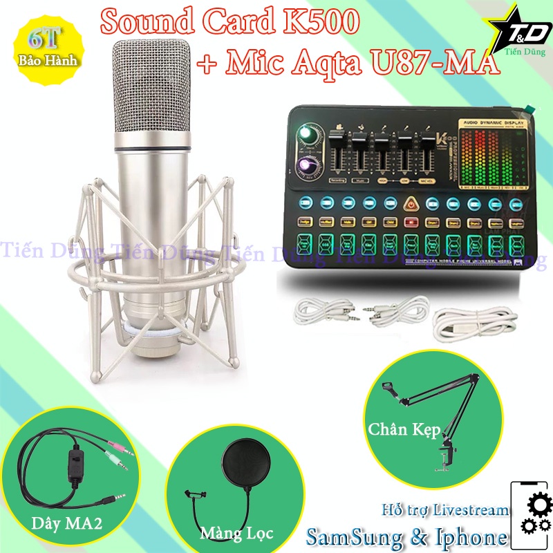 Combo mic livestream karaoke U87 MA và sound card K500 có bluetooth Auto-tune đèn led đi kèm dây ma2 chân kẹp màng lọc