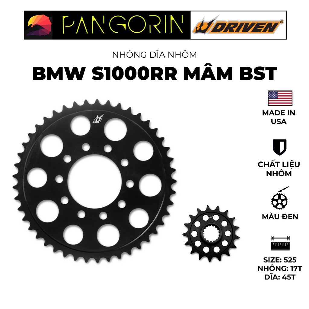 Driven Racing - Nhông dĩa cho xe phân khối lớn mô tô BMW S1000RR mâm BST chất liệu nhôm, màu sắc đen