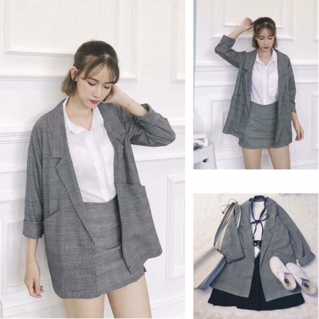 Áo vét kẻ dáng suông 1 lớp chất liệu thô mềm