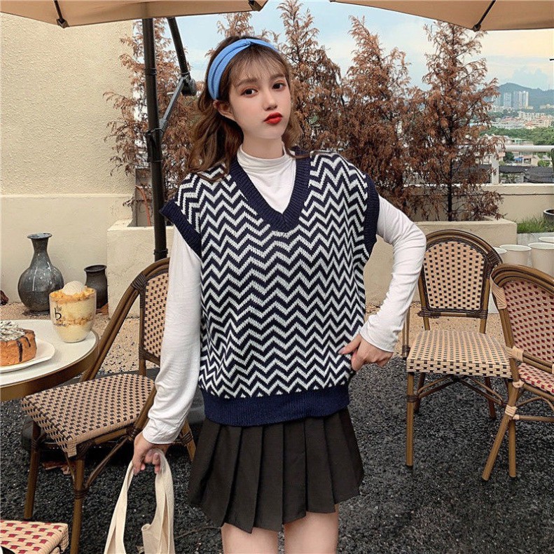 Áo Len Gile Nữ Thời Trang, Áo Gile Len Sóng FreeSize Màu Xanh Tím Than Ulzzang Hàng Quảng Châu