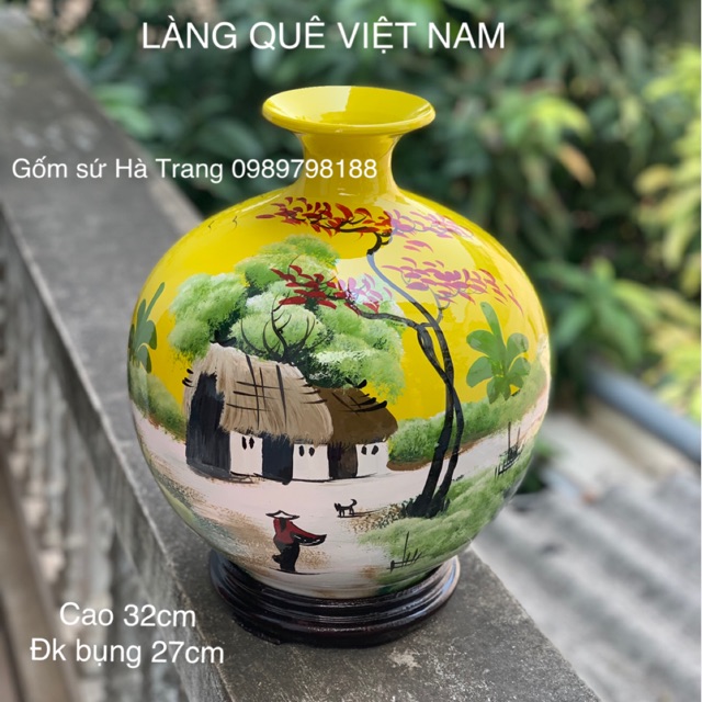 Bình hút tài lộc sơn mài cao 32cm vẽ làng quê Việt Nam