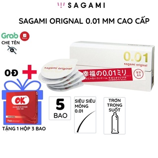 Bao cao su Sagami 001 Original cao cấp Siêu mỏng 5 bao/hộp cao cấp trong suốt trơn chống tuột kéo dài thời gian