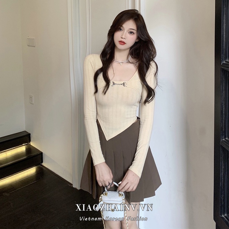 Áo croptop XIAOZHAINV tay dài thiết kế lệch tà kiểu retro quyến rũ cho nữ
