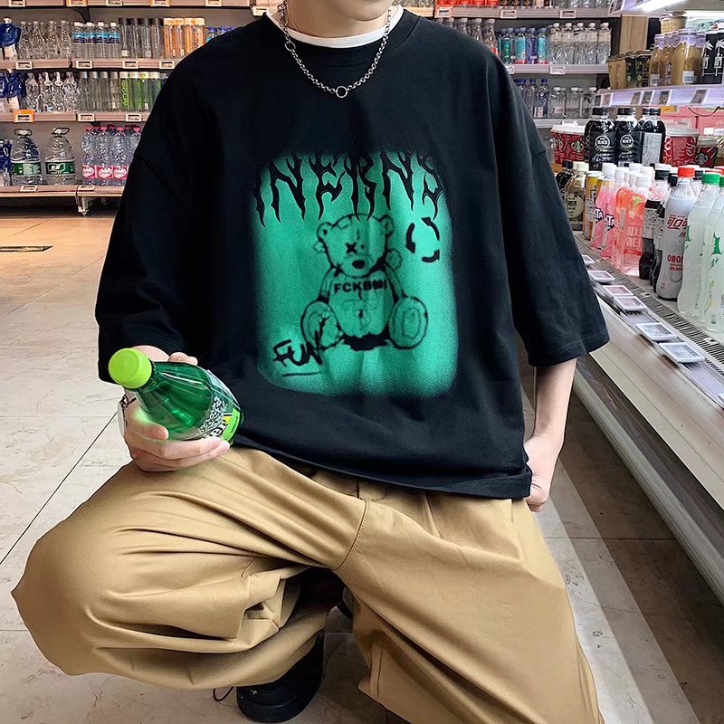 Áo Thun Dáng Rộng In Họa Tiết Hoạt Hình Phong Cách Hip Hop Đường Phố Hàn Quốc Thời Trang Mùa Hè Cho Nam