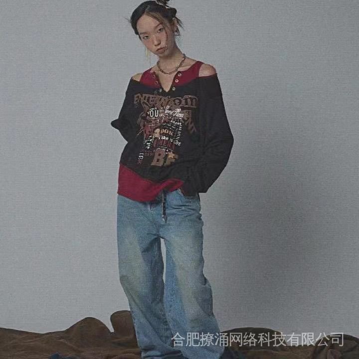 Ya culture Áo Thun Dài Tay Giả Hai Mảnh Không Đối Xứng In Họa Tiết Phong Cách punk Milan y2k hot girl