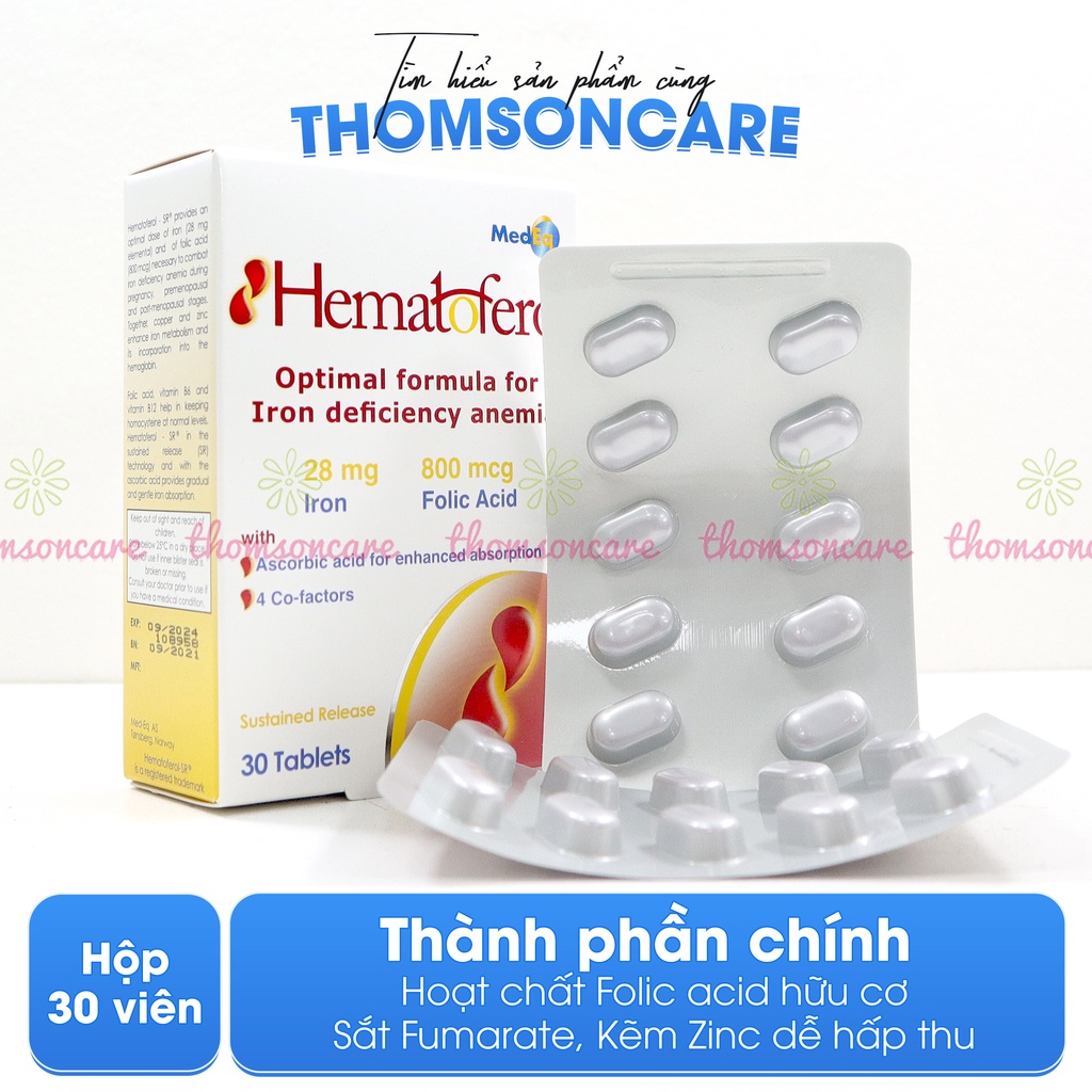 Viên uống bổ sung sắt, Folic acid hữu cơ Hematoferol cùng với các dưỡng chất cả cho mẹ và bé - Nhập Khẩu Châu Âu Hộp 30v