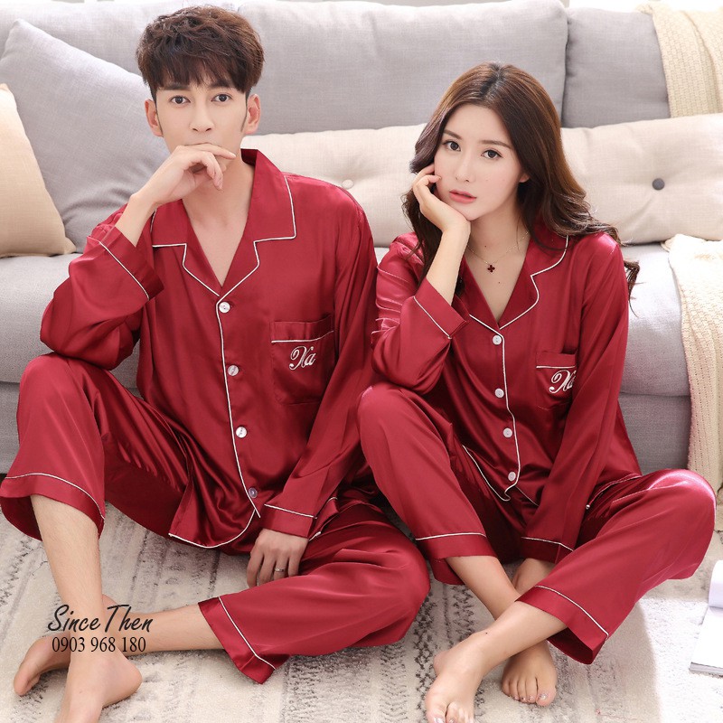 Đồ ngủ đôi lụa dài tay tân hôn màu đỏ, pyjama đôi lụa dài hàng có sẵn tại Tphcm - Since Then