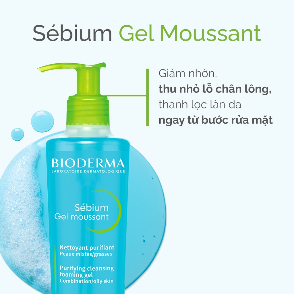 Sữa Rửa Mặt Cho Da Dầu Mụn Bioderma Sebium Gel Moussant 45ml - 200ml, Tạo Bọt, Không Chứa Xà Phòng