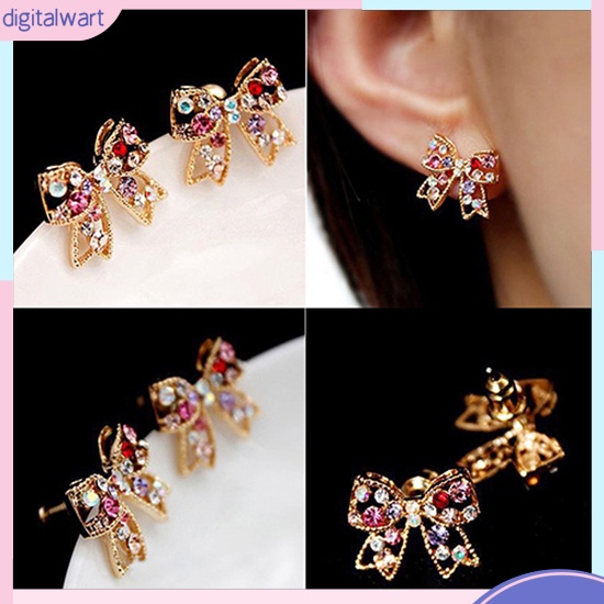 Cặp khuyên tai hình nơ đính đá nhiều màu sắc lấp lánh sang trọng cá tính dành cho nữ