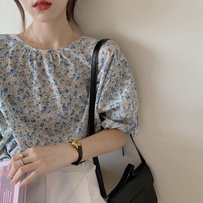 Áo sơ mi hoa cổ tròn ngắn tay form rộng phong cách vintage Hàn Quốc ulzzang