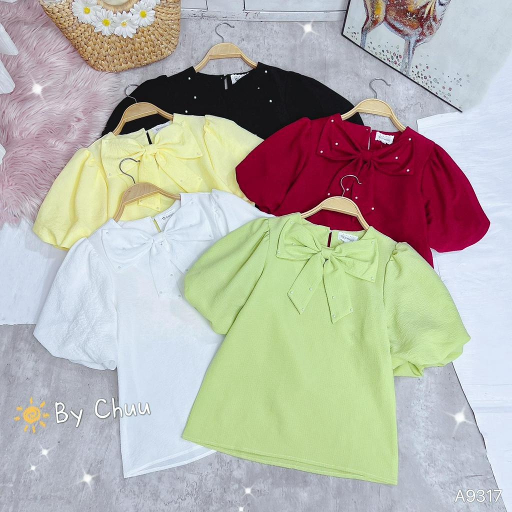 Áo sơ mi xốp công sở nữ tay phồng đính nơ tơ đính ngọc CHUU A9317