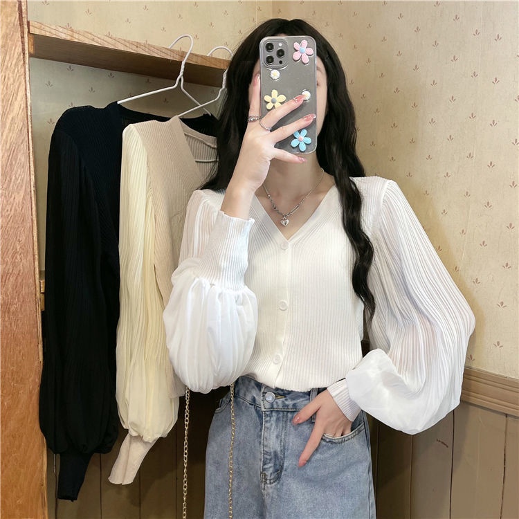 Áo tay phồng cổ chữ V kiểu dáng thời trang Hàn Quốc dành cho nữ