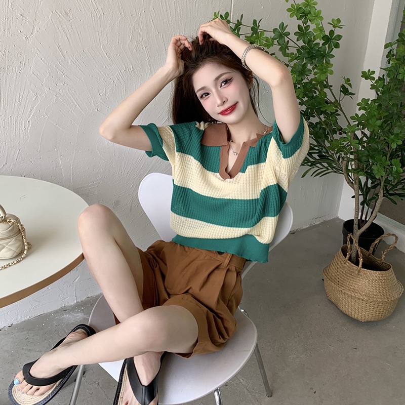 Áo thun polo ZHELIHANGFEI vải dệt kim tay ngắn kẻ sọc thời trang