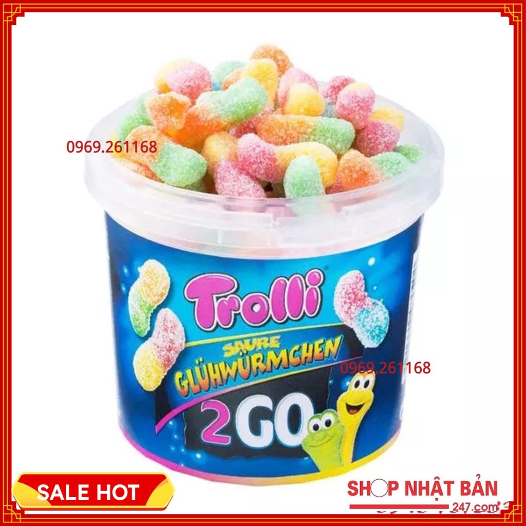 Kẹo dẻo Trolli Sour Glowworms 2GO hình sâu vị chua hủ 150gr