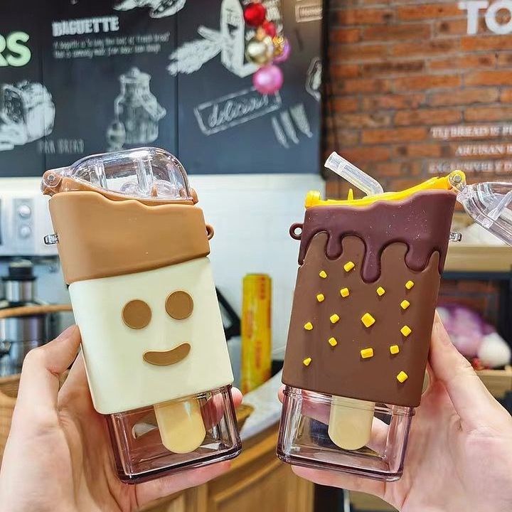 Bình Nước Cầm Tay Chống Sốc Kèm Ống Hút Hình Kem Dưa Hấu Dành Cho Trẻ Em Mẫu Giáo