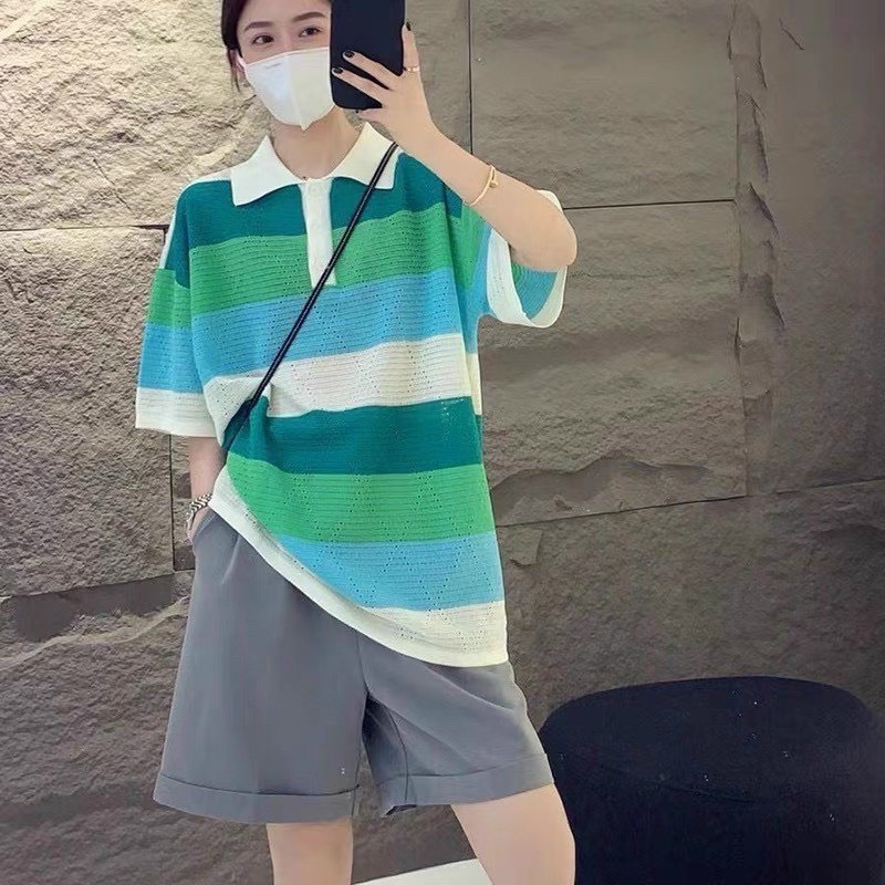 Áo len kẻ ngang vân trám oversize form rộng giấu quần