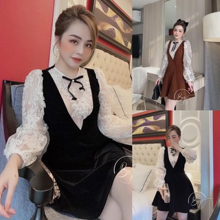 Đầm nhung dáng xoè phối tay ren điệu đà✌️2 màu ảnh thật