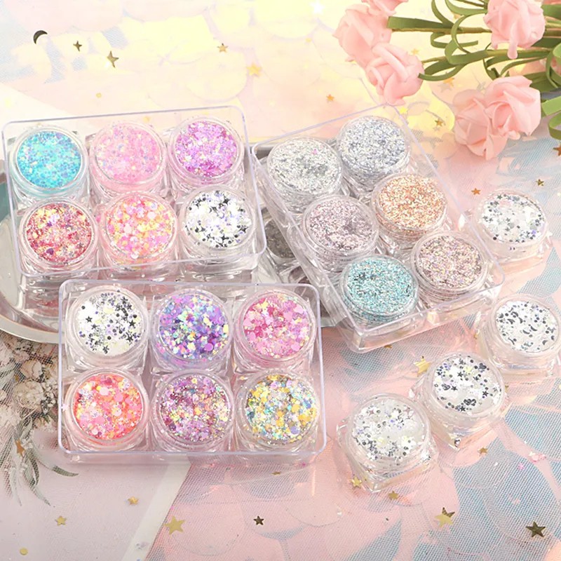 Bộ sáu lọ gel sequins hình ngôi sao trang điểm mắt lấp lánh xinh xắn