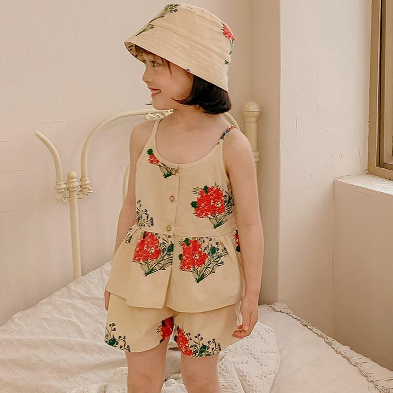 Bộ Đồ 3 Món Gồm Áo Hai Dây + Quần Short + Mũ In Hoa Thời Trang Mùa Hè Cho Bé Gái